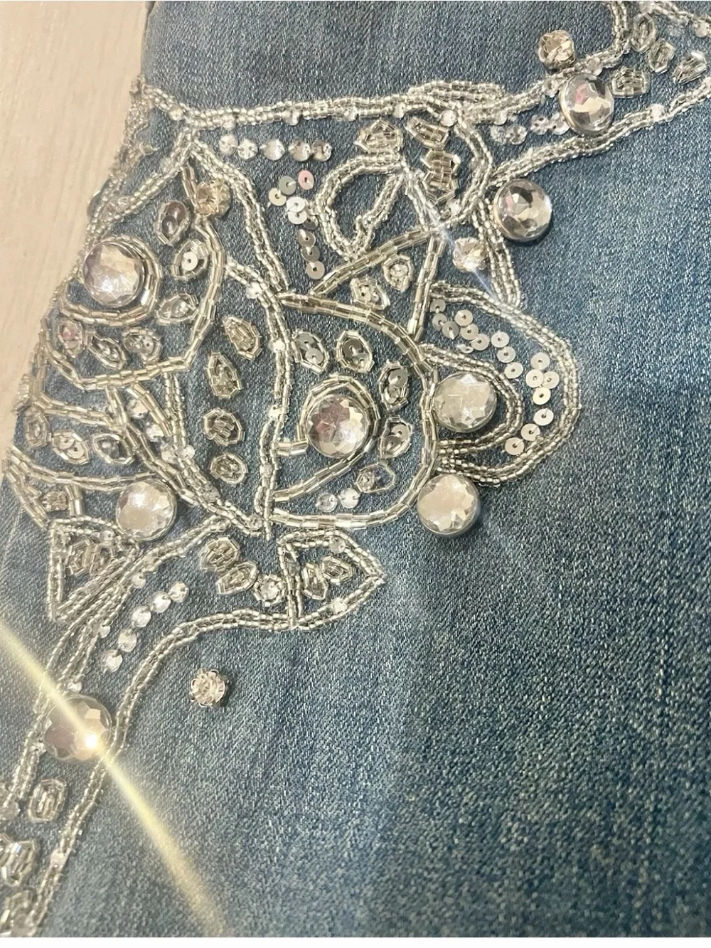 Vintage Cache Y2K Dark Blue Flared Jeans with Silver Rhinestone Embellishment